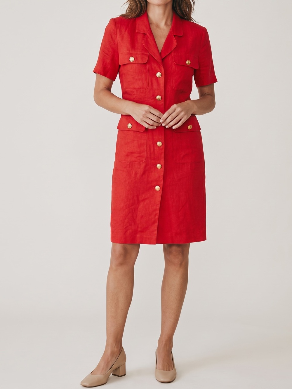 Red Button-Front Linen Blend Skirt - Women's